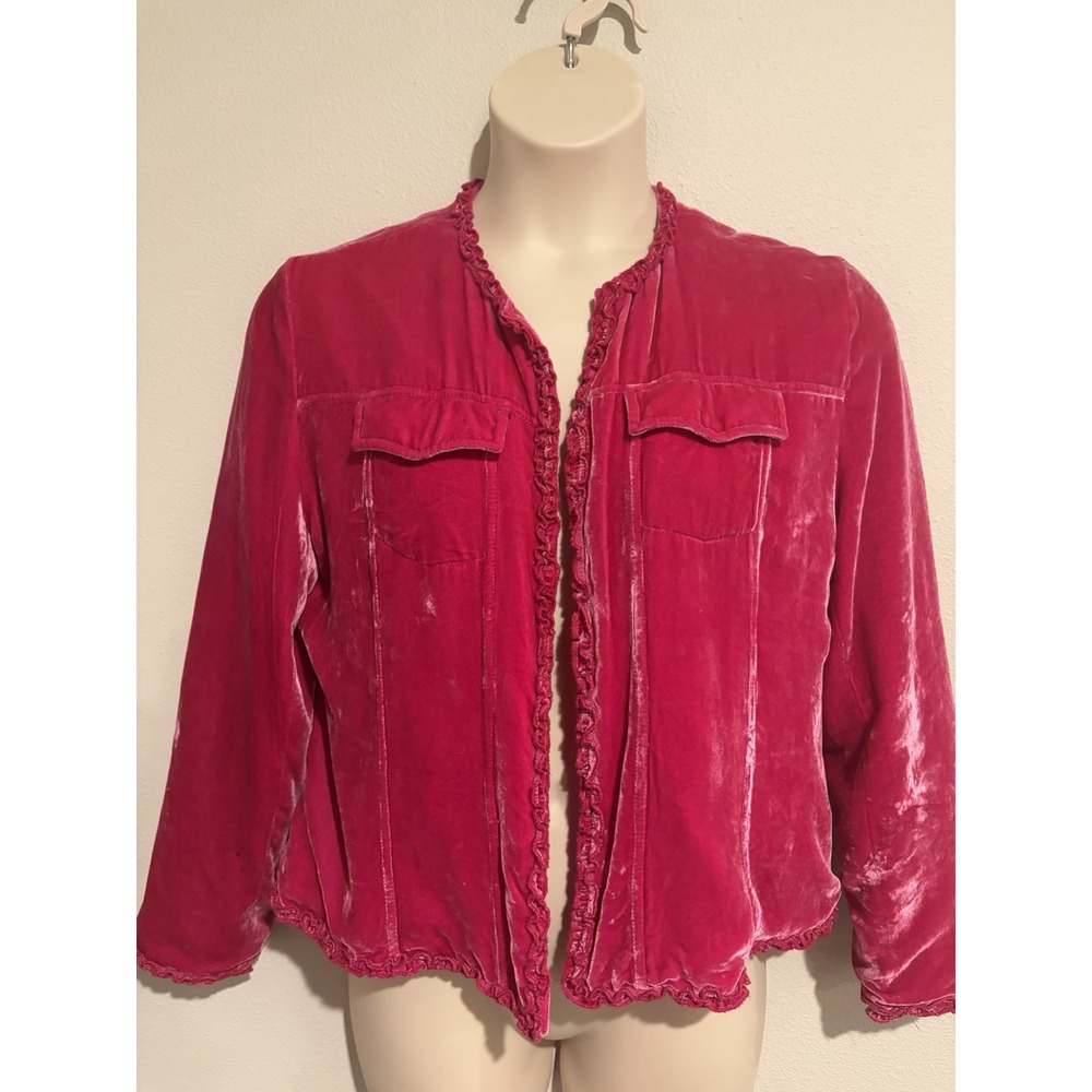 Chico's Fuchsia Pink Velvet Open Short Jacket~ L~ Silk Blend Ruffle Trim Luxe
